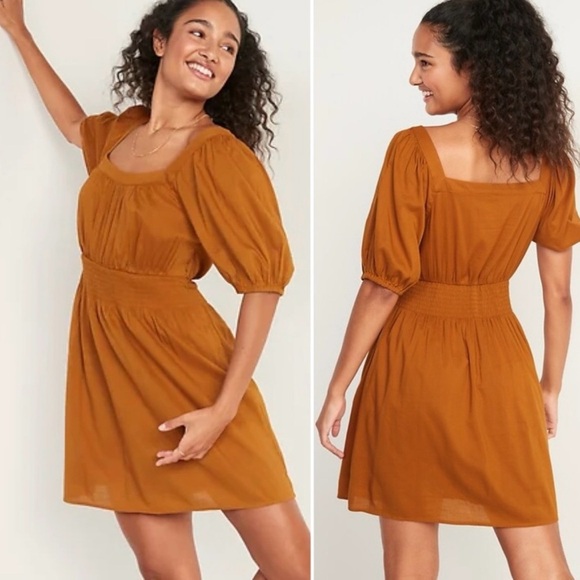 Old Navy Waist-Defined Puff-Sleeve Smocked Mini Dress Women’s Size Medium Boho - Picture 1 of 15